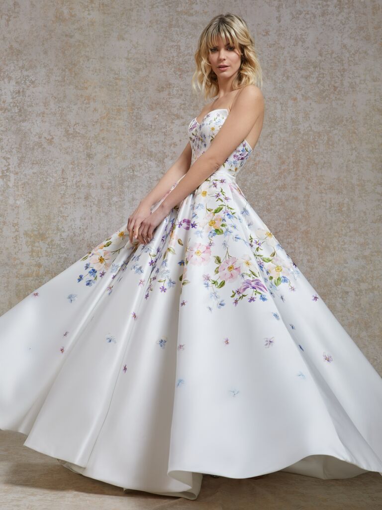 Floral wedding dress, pastel trend 2024. 