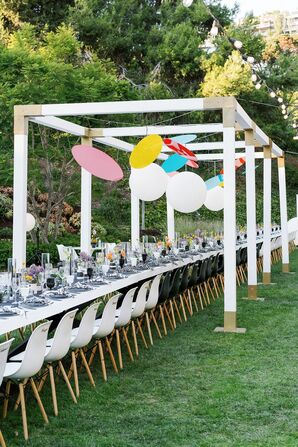 Reception Structure With Colorful Chandelier at Retro Wedding