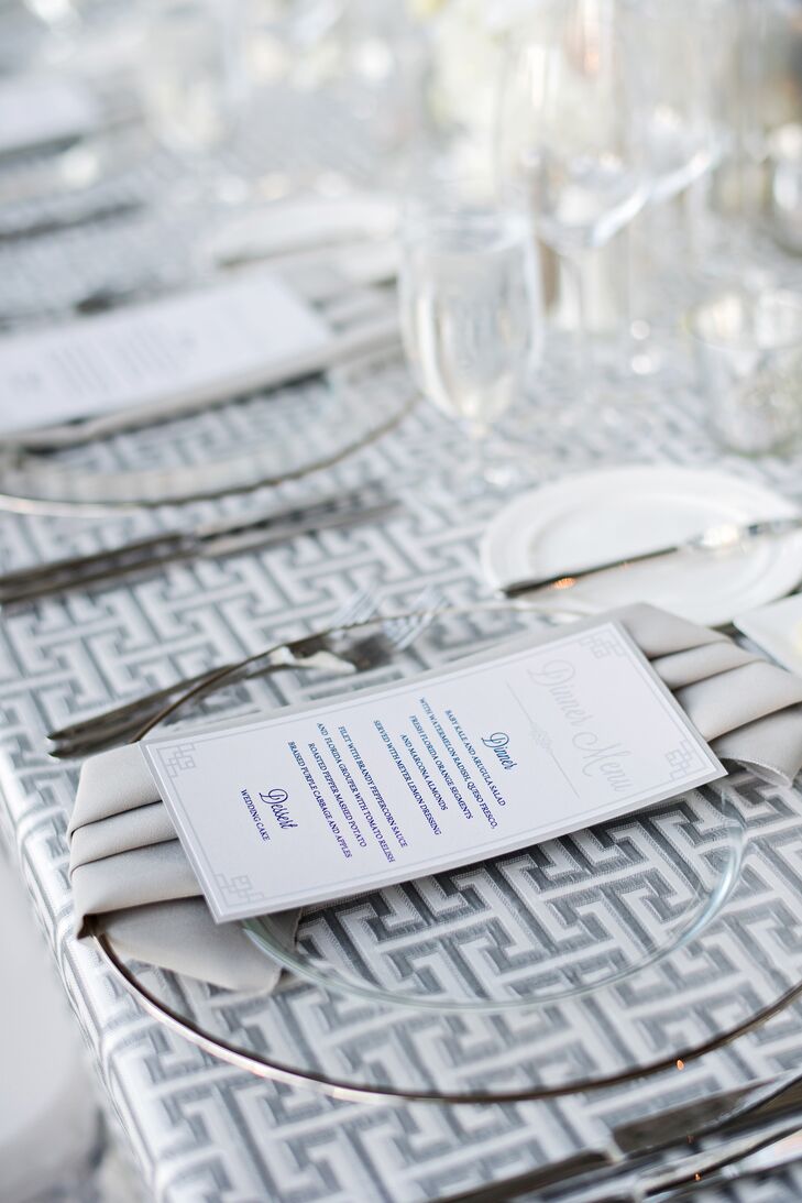 Modern Acrylic Chargers on Meandros Patterned Tablecloth