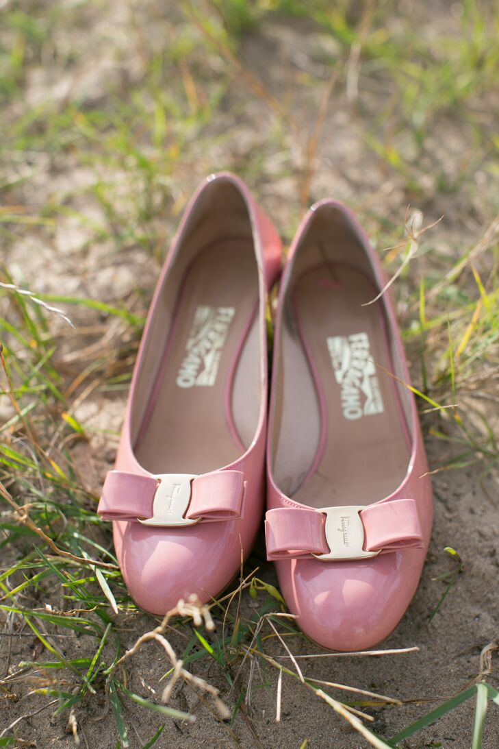 To complete her bridal look, Rachel paired her Jim Hjelm gown with round-toed Salvatore Ferragamo heels in ladylike shade of dusty rose.