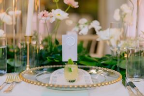 Simple, Unique Place Setting With Initials, Wax Seal and a Welcome Shot Drink on Glass Plate