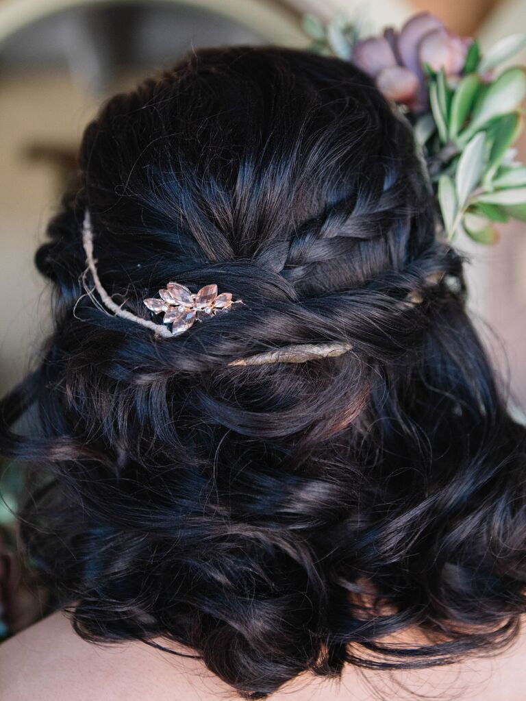 half up wedding hair for short hair with braids and flower crown