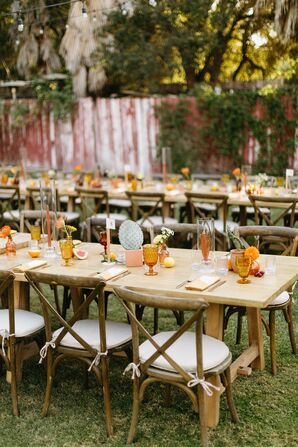 Long Wood Tables With Burnt Orange, Coral Accents, Minimalistic Desert Style