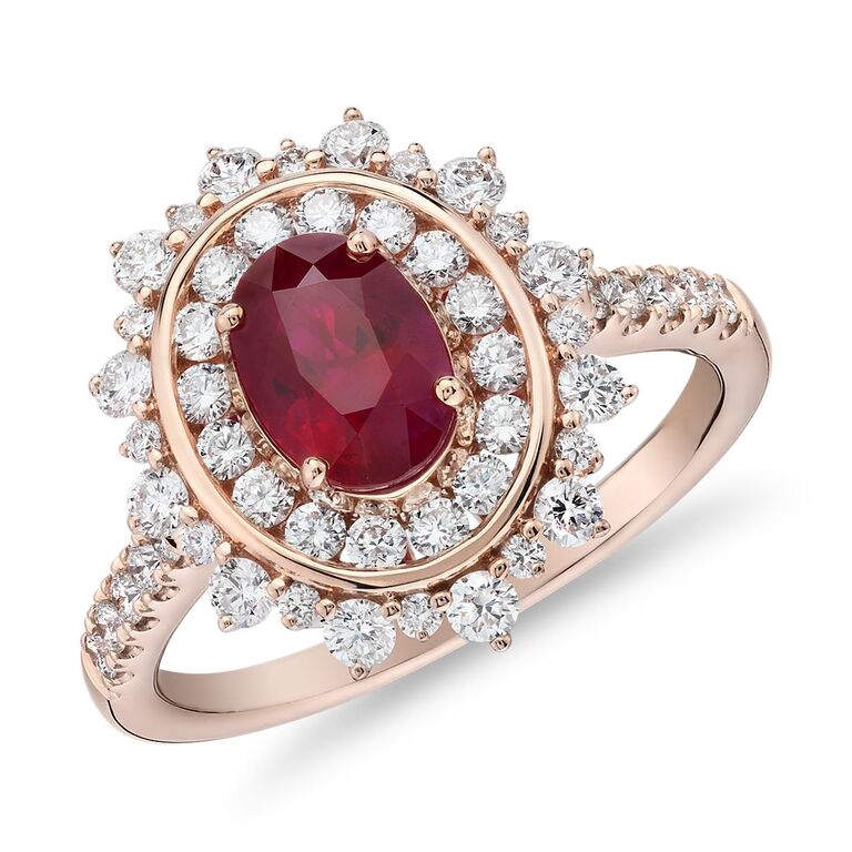 Blue Nile Oval Ruby Ring with Double Diamond Halo in 14k Rose Gold