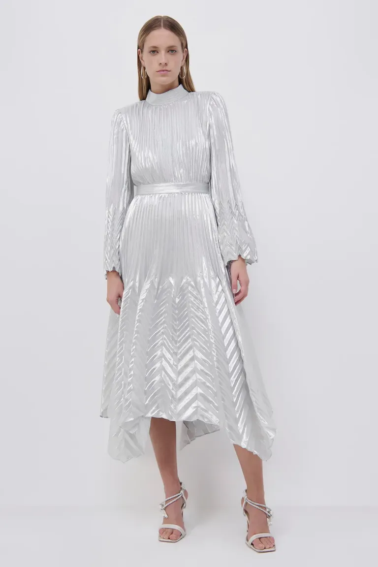 plated dress with long sleeves and high neck