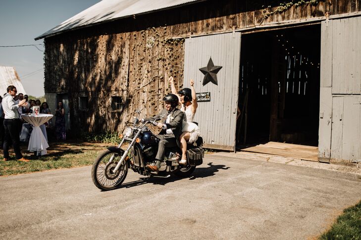 Casual Motorcycle Exit with Bride and Groom