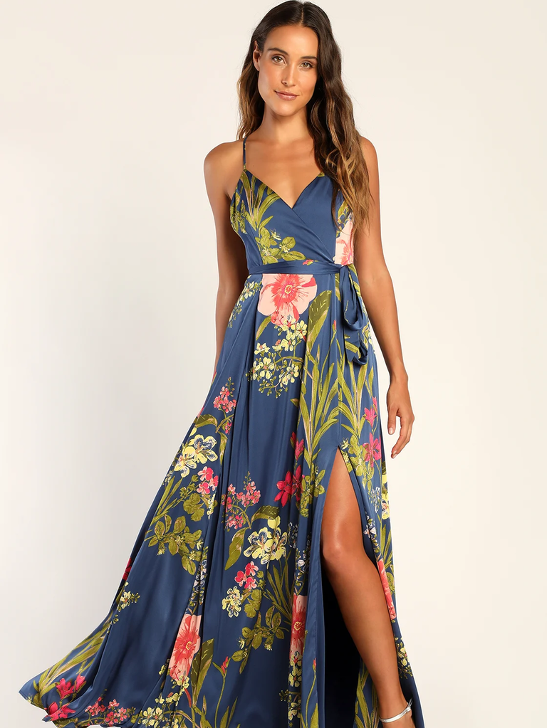 Still the One Blue Floral Print Satin Maxi Dress