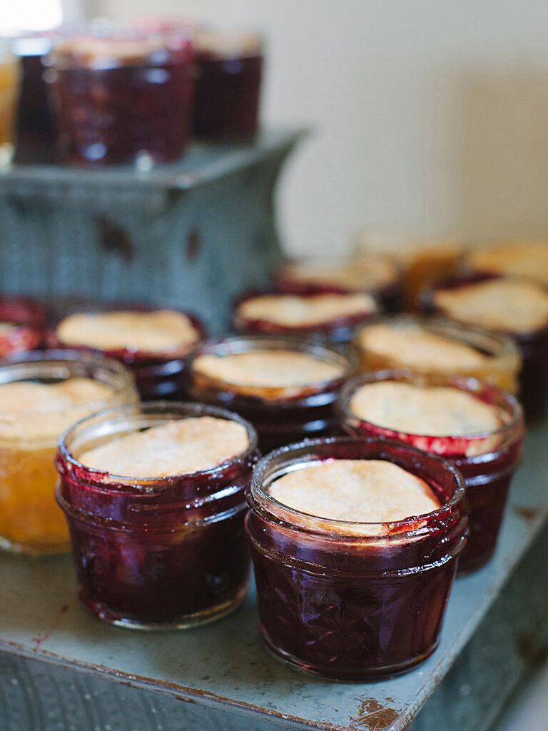 Southern wedding food dessert idea with jarred pies