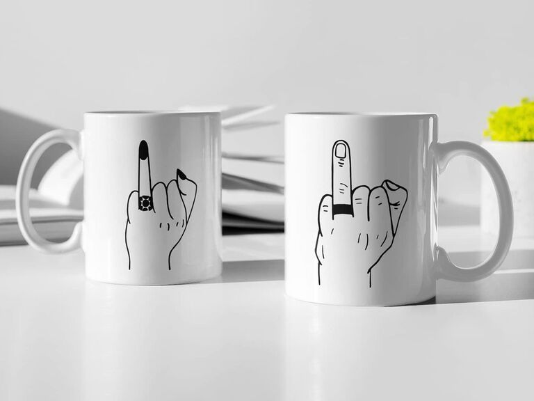 Funny Mr. and Mrs. gifts ring finger coffee mugs