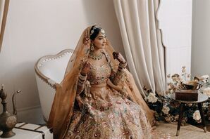 Sikh Bride in Gold, Red and Green Lengha, Veil, Bracelet Bangles, Earrings, Henna and Other Jewelry, Getting Ready