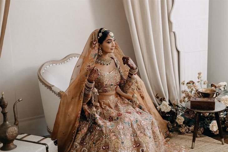 Sikh Bride in Gold, Red and Green Lengha, Veil, Bracelet Bangles, Earrings, Henna and Other Jewelry, Getting Ready
