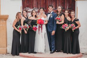 Bridesmaids with Black Dresses and Colorful Bouquets