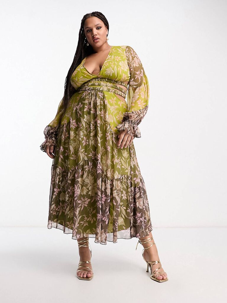 Green floral plus-size midi dress with long sleeves and side cutouts from ASOS DESIGN