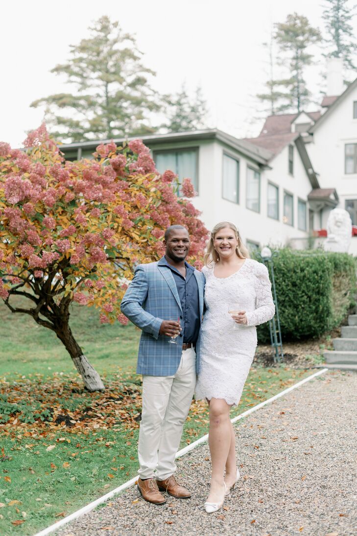 Bride in Shortened Version of Her Mom's Wedding Dress, Groom in Blue Plaid Suit Jacket