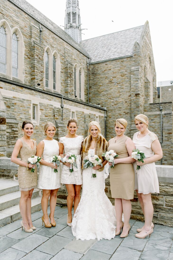 Corinne picked her five best friends from childhood to be her bridesmaids. Each picked out her own knee-length dress, which had to be in a shade of ivory, nude or champagne.