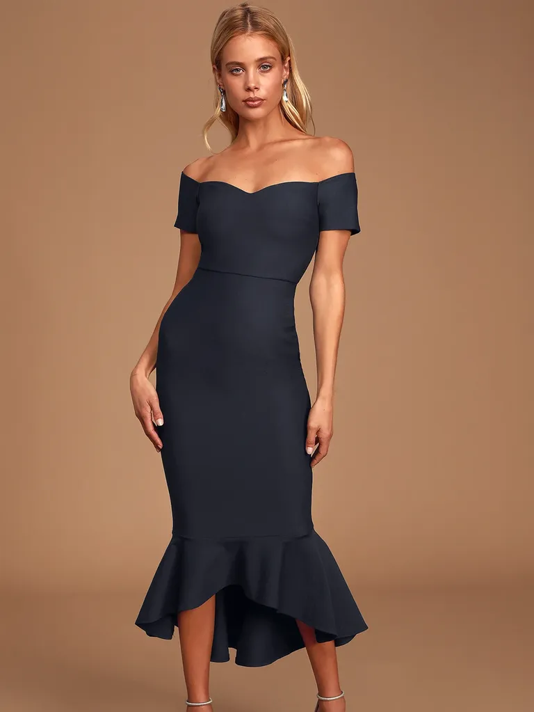 Blue Off-the-Shoulder Midi Wedding Guest Dress