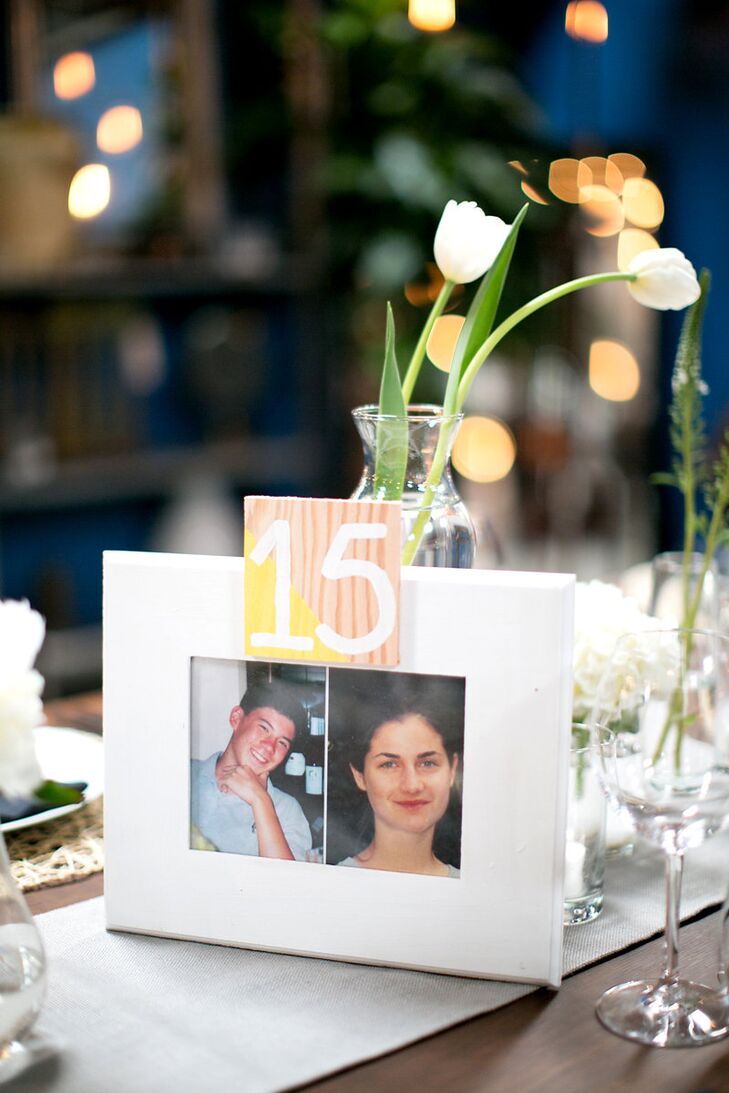 The fun-loving couple put their personal stamp on the table numbers, filling frames with pictures of themselves at the age corresponding to the table’s number. “I felt terrible for everyone who had to sit at table 15 – 17 during our collectively awkward years,” says Danielle.