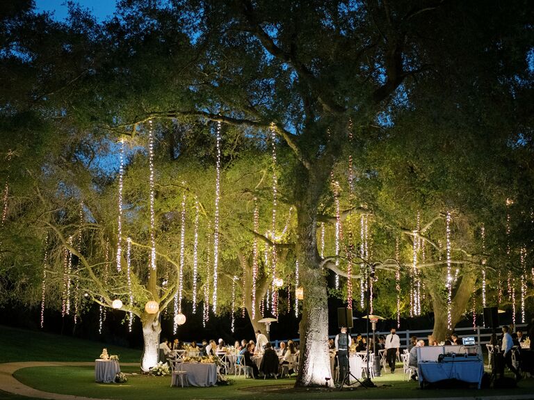 outdoor wedding reception at night with long strands of lights hanging from the branches of a big tree
