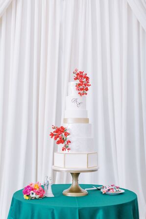 Glam White-and-Gold Wedding Cake Decorated With Bougainvillea