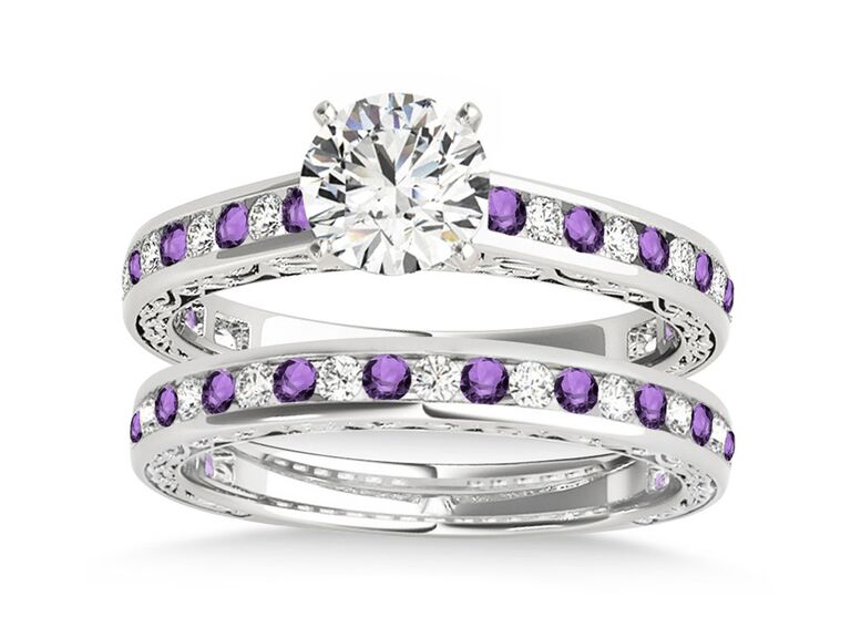 allurez amethyst engagement ring twisted bridal set with round diamond center stone with claw prongs and round diamond and round amethyst platinum bands with engraved detailing