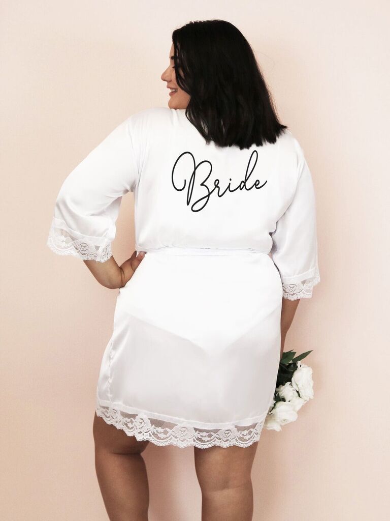 lace white bride robe for cute bachelorette party gift idea