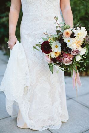 Romantic Bouquet with Daisies, Roses, Dahlias and Pink Wrap