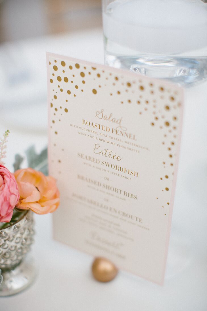 Studio R created the sophisticated gold polka-dot menu cards for the classic and glamorous wedding. Nina loves polka dots, so she knew she wanted them in the decor, and the stationery was the perfect place.