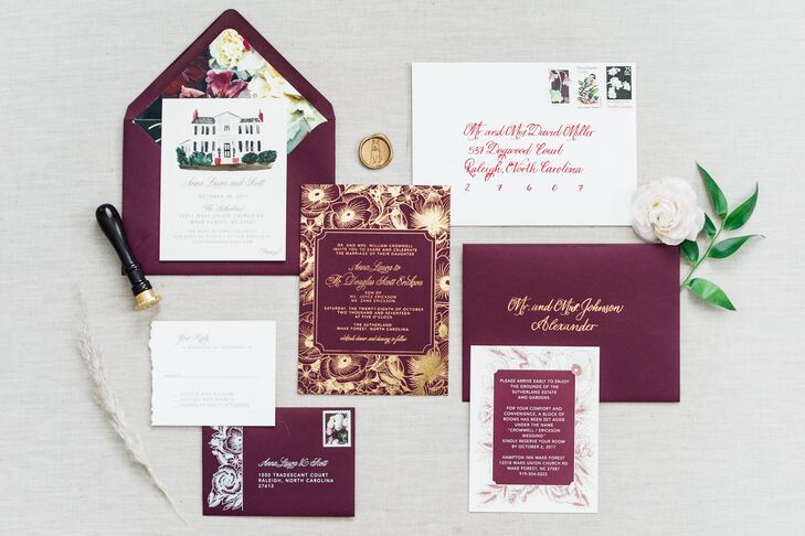 Burgundy Invitation Suite with Gold Foil Details and Illustration