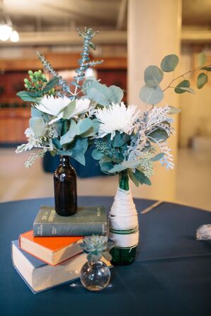 Green and White Bottled Flower Arrangements