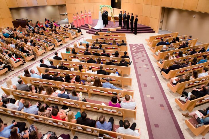 “Our wedding was at our church, which has a modern exposed wood architectural style,” says the couple. “We loved the large sanctuary and the attached fellowship hall for our many guests. The church congregation provided tremendous support in terms of time and resources.”