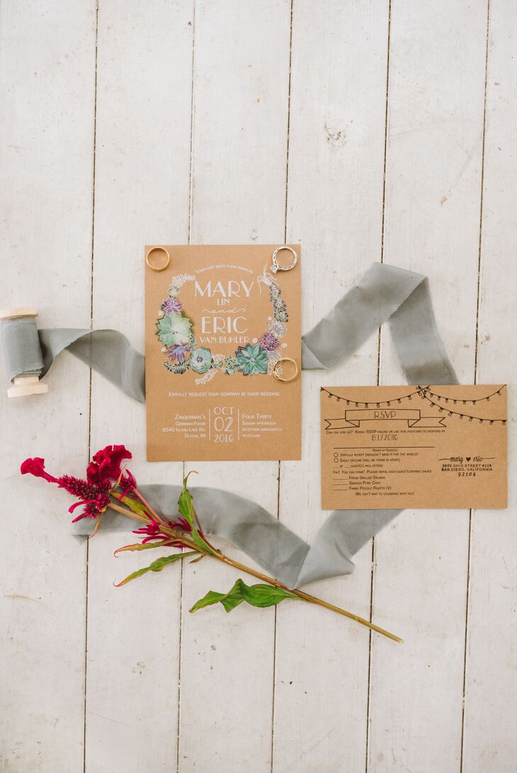 Rustic Kraft Paper Invitations with Succulent Motif