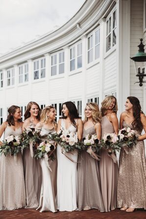 Elegant Bridesmaids in Metallic and Neutral Dresses