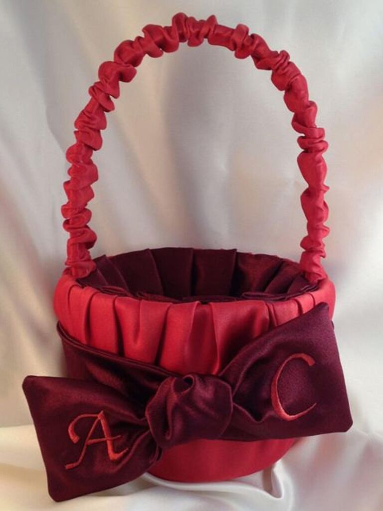 red satin flower girl basket with custom monogram