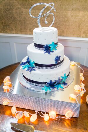 White and Blue Starfish Wedding Cake