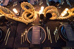 Modern Black and Gold Place Settings with Rope Table Runner