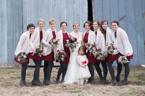 Red Bridesmaids Dresses with White Lace Cardigans
