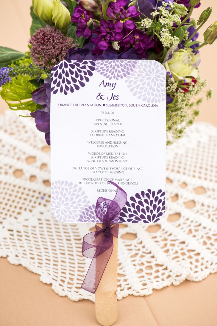 Guests were given purple dahlia-themed program fans to keep cool during the outdoor ceremony.