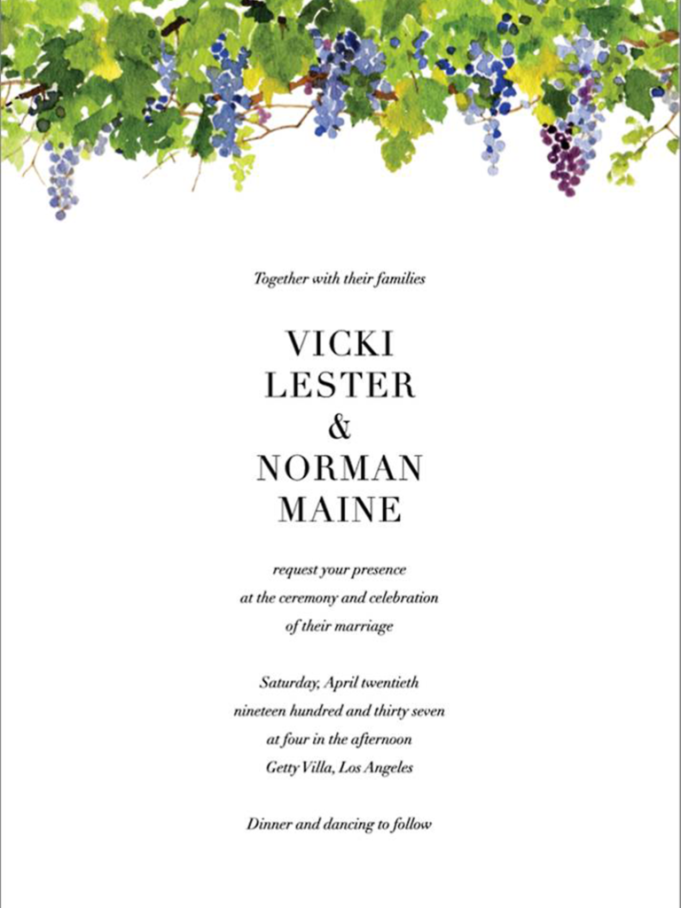Grape vine watercolor illustration on top border and event details in black type