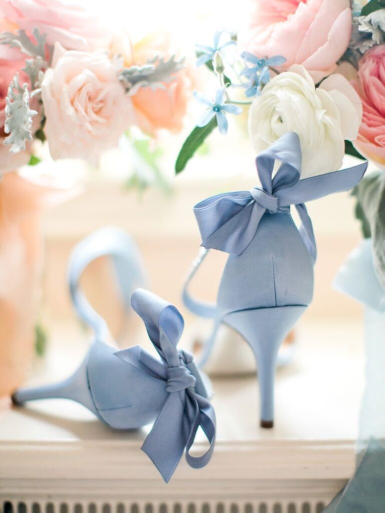 light blue satin wedding high heels with ribbon ties at ankles
