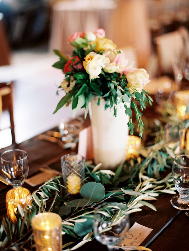 Cascading Rose Centerpieces with Olive Leaf Garland