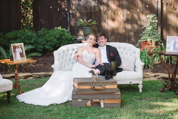 Elegant vintage furniture accompanied Stacy's father's old chess table and suitcases used to create an outdoor lounge. "My dad passed away when I was very young so we tried to have him still be apart of the wedding in as many ways as possible," says Stacy. "We even used his old doctor's pen that was engraved with his name as the pen we signed our marriage license with."