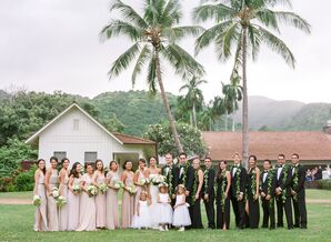 Blush Sequin Bridesmaid Dresses and Classic Tuxedos