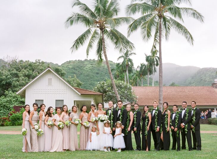 Blush Sequin Bridesmaid Dresses and Classic Tuxedos