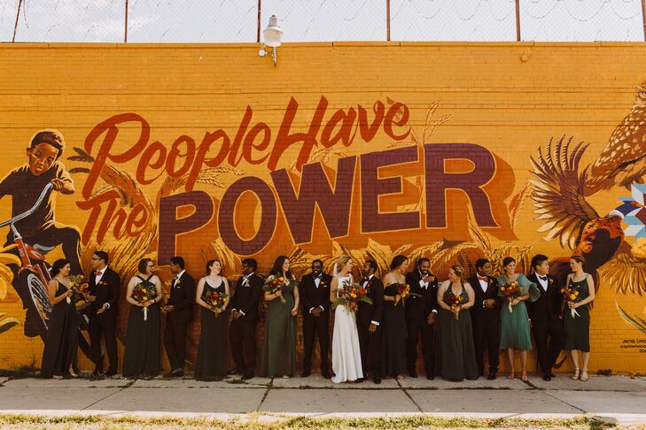 Wedding Party Poses in Front of Street Art Mural in Detroit, Michigan
