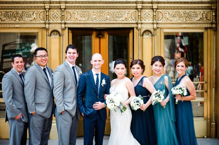 The palette was reflected in the blue bridesmaid dresses. “We picked the palette because we recently had a memorable trip to Puerto Rico and were so enamored of the blue cobblestones in Old San Juan,” Lydia says. Matt wore a navy suit, and the groomsmen wore gray.