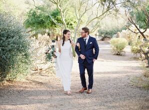 Modern Couple Wearing High-Neck Sheath Wedding Dress and Navy Suit