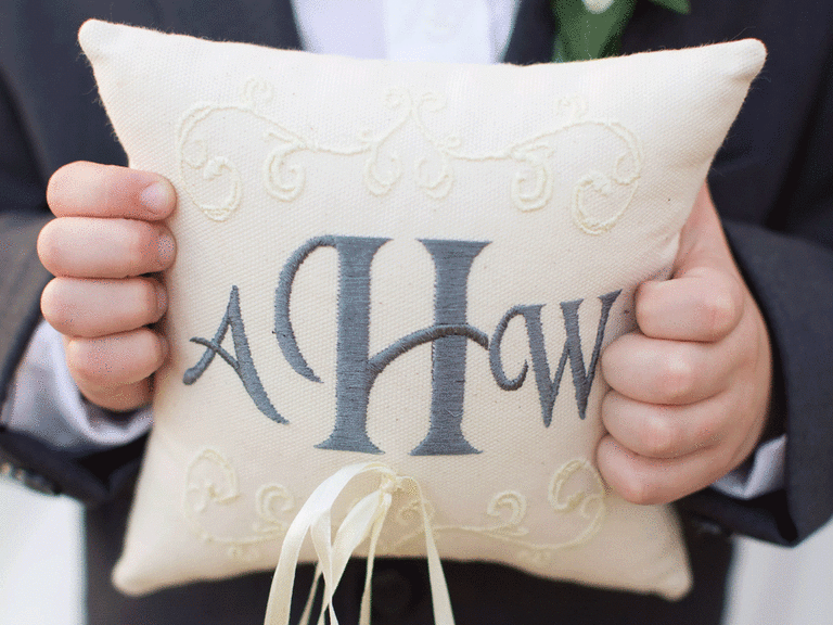 Embroidered monogram ring bearer pillow. 