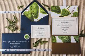 Wedding Invitation with Blue Envelope and Watercolor Fig Leaf Illustrations