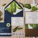 Wedding Invitation with Blue Envelope and Watercolor Fig Leaf Illustrations