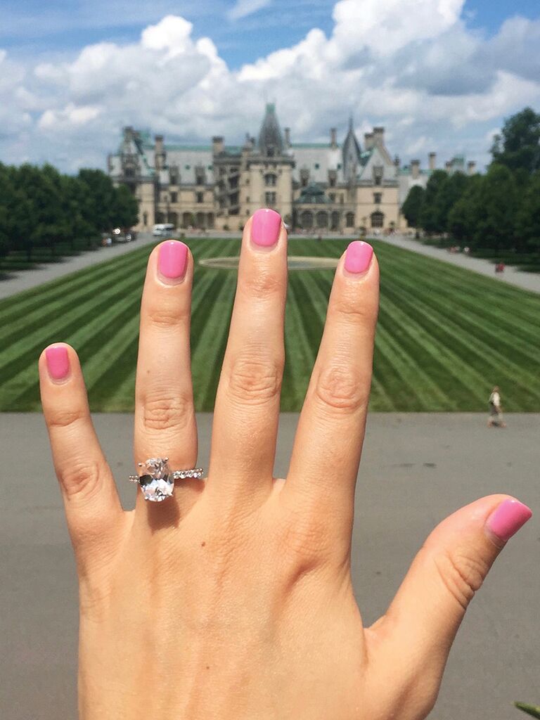 Engagement ring selfie idea with a unique background